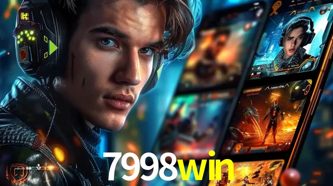 Jovem jogador com fones de ouvido olhando para a câmera, com um aplicativo de jogos e e-sports para celular ao fundo, pronto para a competição e apostas no 7998win.