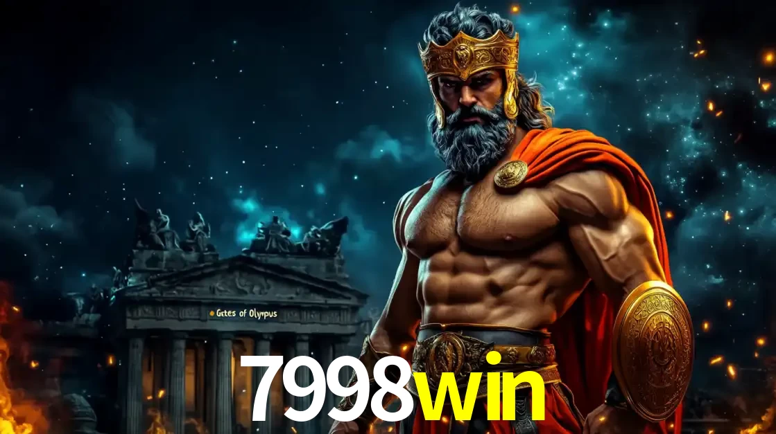 O poderoso Zeus do jogo de slot Gates of Olympus em frente ao seu templo, pronto para lançar multiplicadores divinos e prêmios épicos no cassino online 7998win.