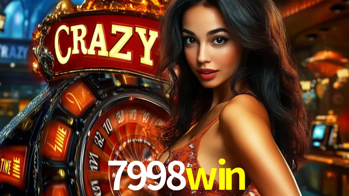 Mulher glamourosa olhando para a câmera com a roda vermelha do Crazy Time ao fundo em um ambiente de cassino, destacando a emoção dos jogos ao vivo no 7998win.