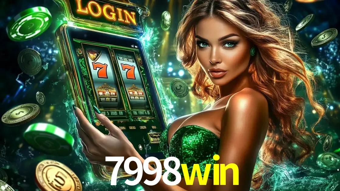 Mulher com tema verde apresentando o aplicativo do cassino 7998win com um jogo de slot de 777, cercada por fichas de cassino e uma aura de sorte.