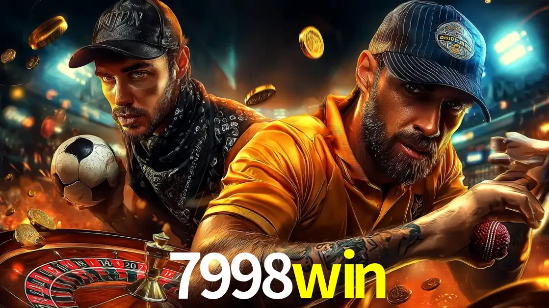 Montagem de apostas esportivas e cassino no 7998win, com um homem segurando uma bola de futebol e outro uma de beisebol sobre uma roleta e moedas voadoras.