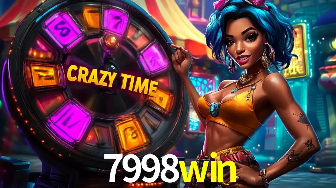 Mulher estilizada com cabelo azul e visual vibrante posando ao lado da roda de prêmios do game show Crazy Time, convidando para a diversão e os bônus do cassino 7998win.